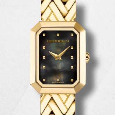 Montre Herbelin Octogône Rectangle quartz PVD Or Jaune cadran nacre noire bracelet acier 20,40 x 26,40 mm