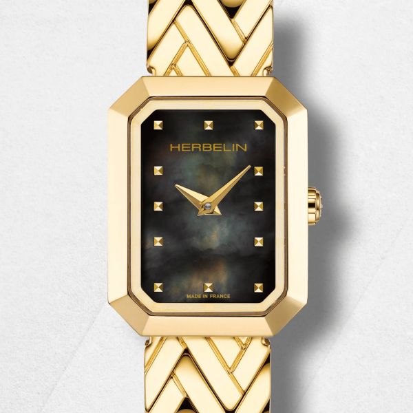 Montre Herbelin Octogône Rectangle quartz PVD Or Jaune cadran nacre noire bracelet acier 20,40 x 26,40 mm