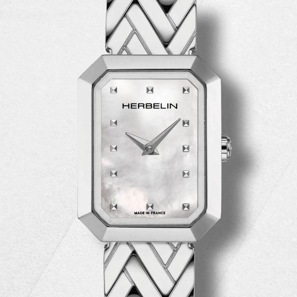 Montre Herbelin Octogône Rectangle quartz cadran nacre bracelet acier 20,40 x 26,40 mm