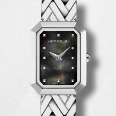 Montre Herbelin Octogône Rectangle quartz cadran nacre noire bracelet acier 20,40 x 26,40 mm