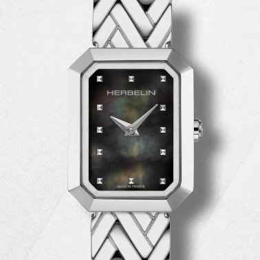 Montre Herbelin Octogône Rectangle quartz cadran nacre noire bracelet acier 20,40 x 26,40 mm