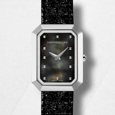 Montre Herbelin Octogône Rectangle quartz cadran nacre noire bracelet cuir 20,40 x 26,40 mm