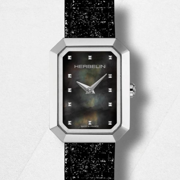 Montre Herbelin Octogône Rectangle quartz cadran nacre noire bracelet cuir 20,40 x 26,40 mm