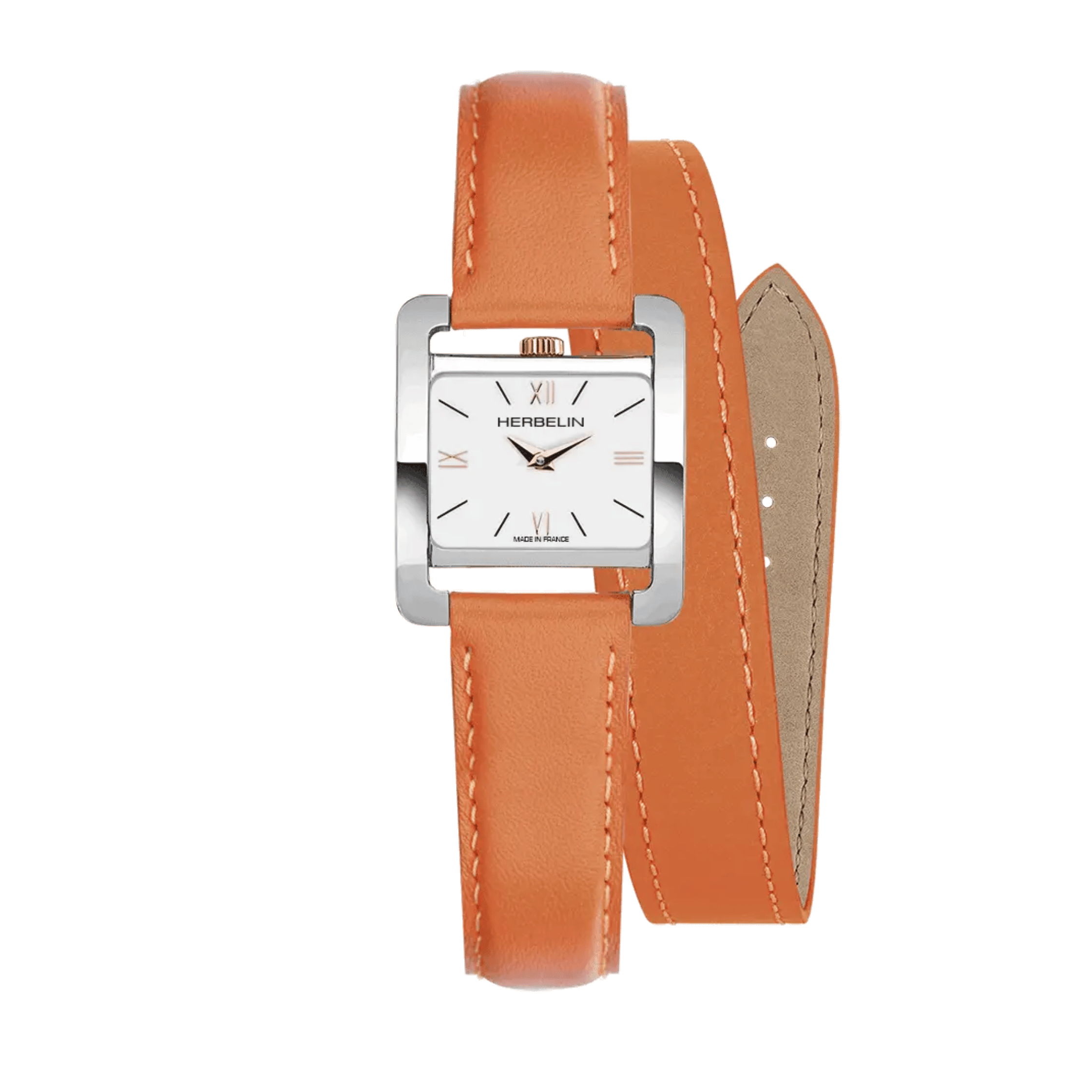 Herbelin V Avenue quartz white lacquered dial orange leather strap double tour 22,5 x 17mm