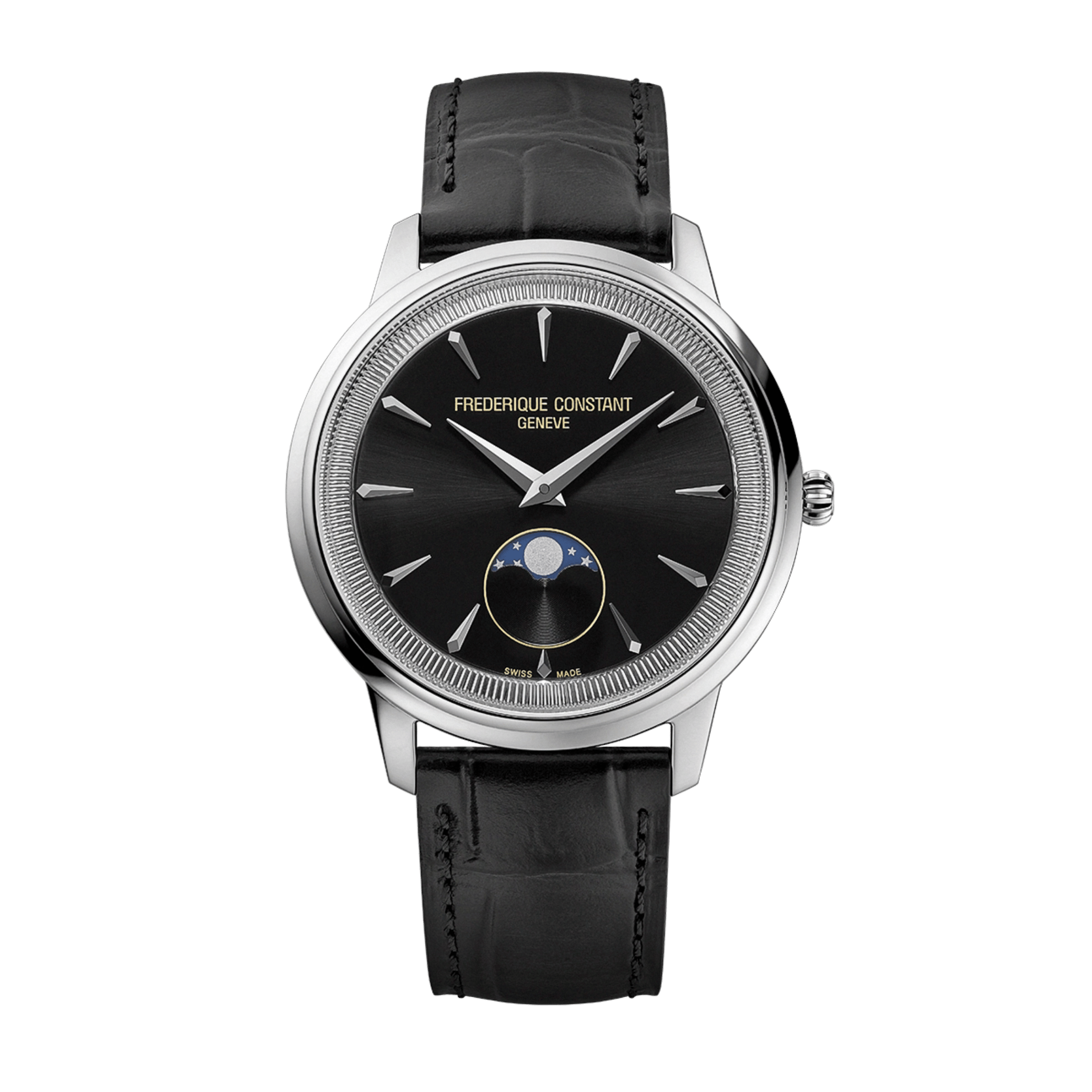 Montre Frédérique Constant Classics Moneta Moonphase quartz cadran noir bracelet cuir 37 mm