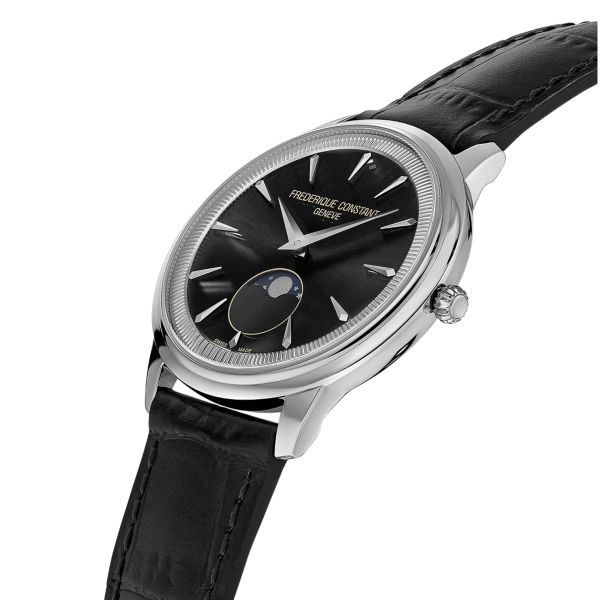 Montre Frédérique Constant Classics Moneta Moonphase quartz cadran noir bracelet cuir 37 mm