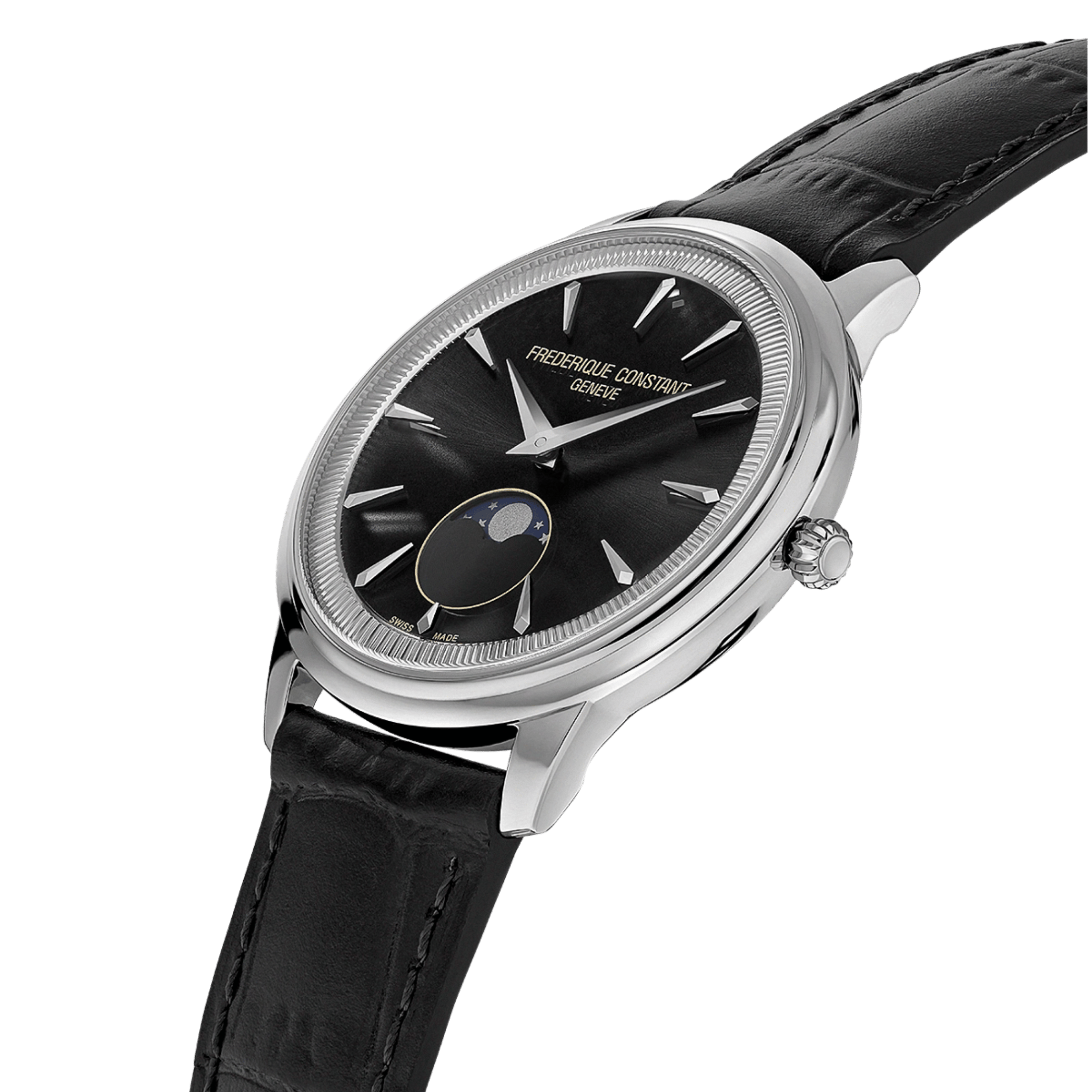 Montre Frédérique Constant Classics Moneta Moonphase quartz cadran noir bracelet cuir 37 mm