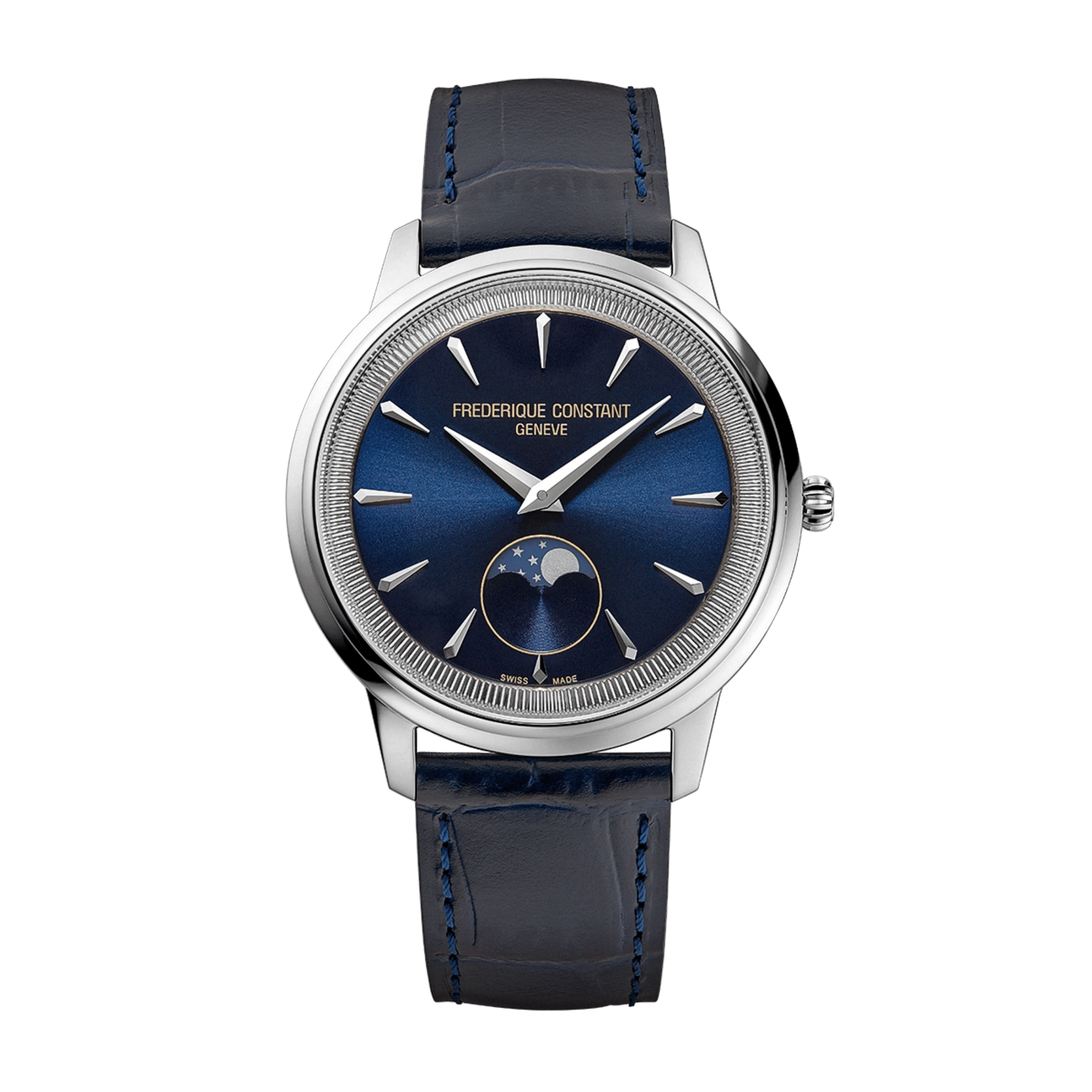 Montre Frédérique Constant Classics Moneta Moonphase quartz cadran bleu bracelet cuir 37 mm