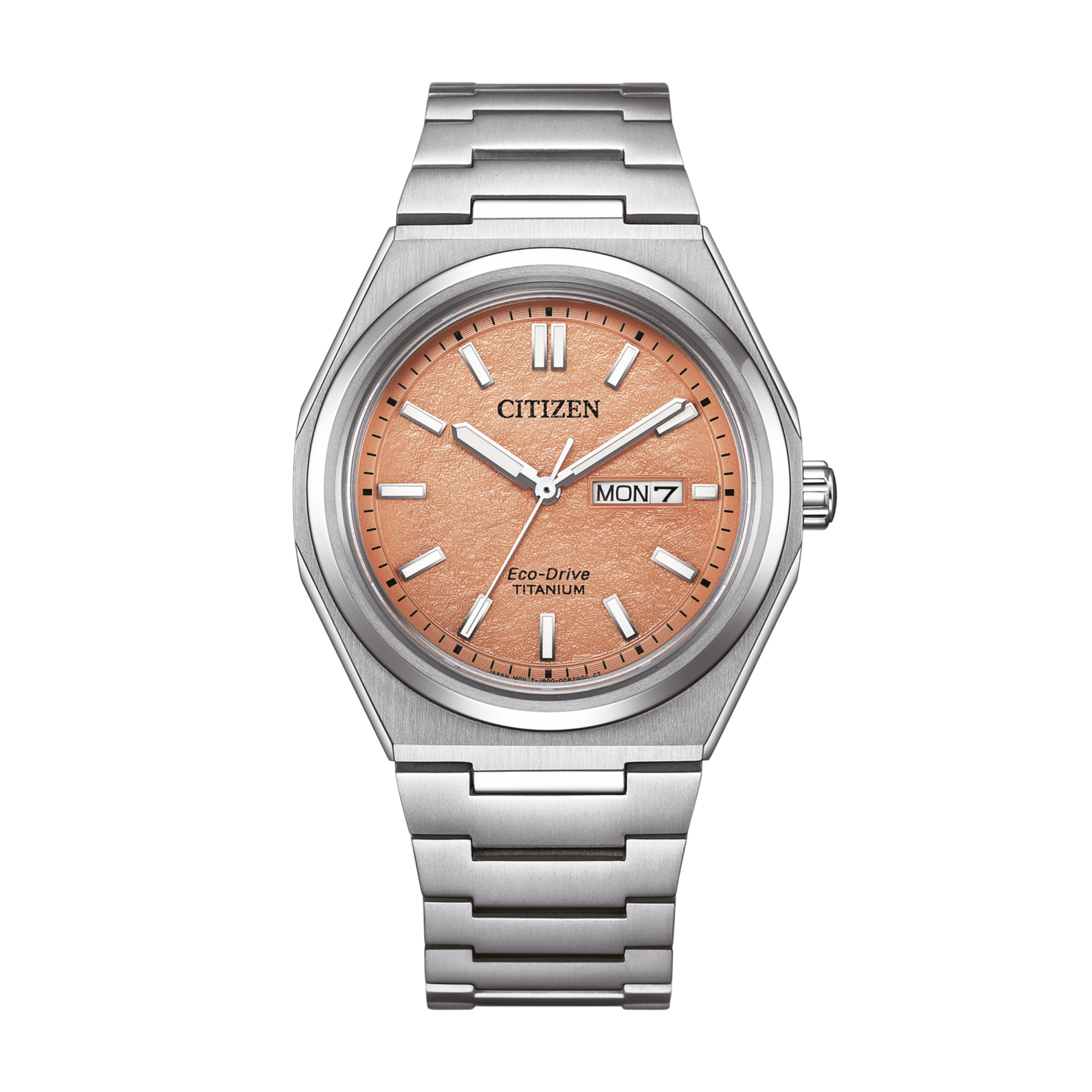 Montre Citizen Super Titanium Day-Date Eco-Drive cadran saumon bracelet titane 39,5 mm