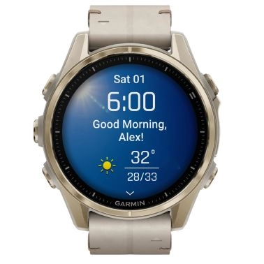 Montre Garmin Fénix 8 AMOLED Sapphire Titane Soft Gold bracelets cuir beige et silicone gris cendré 43 mm