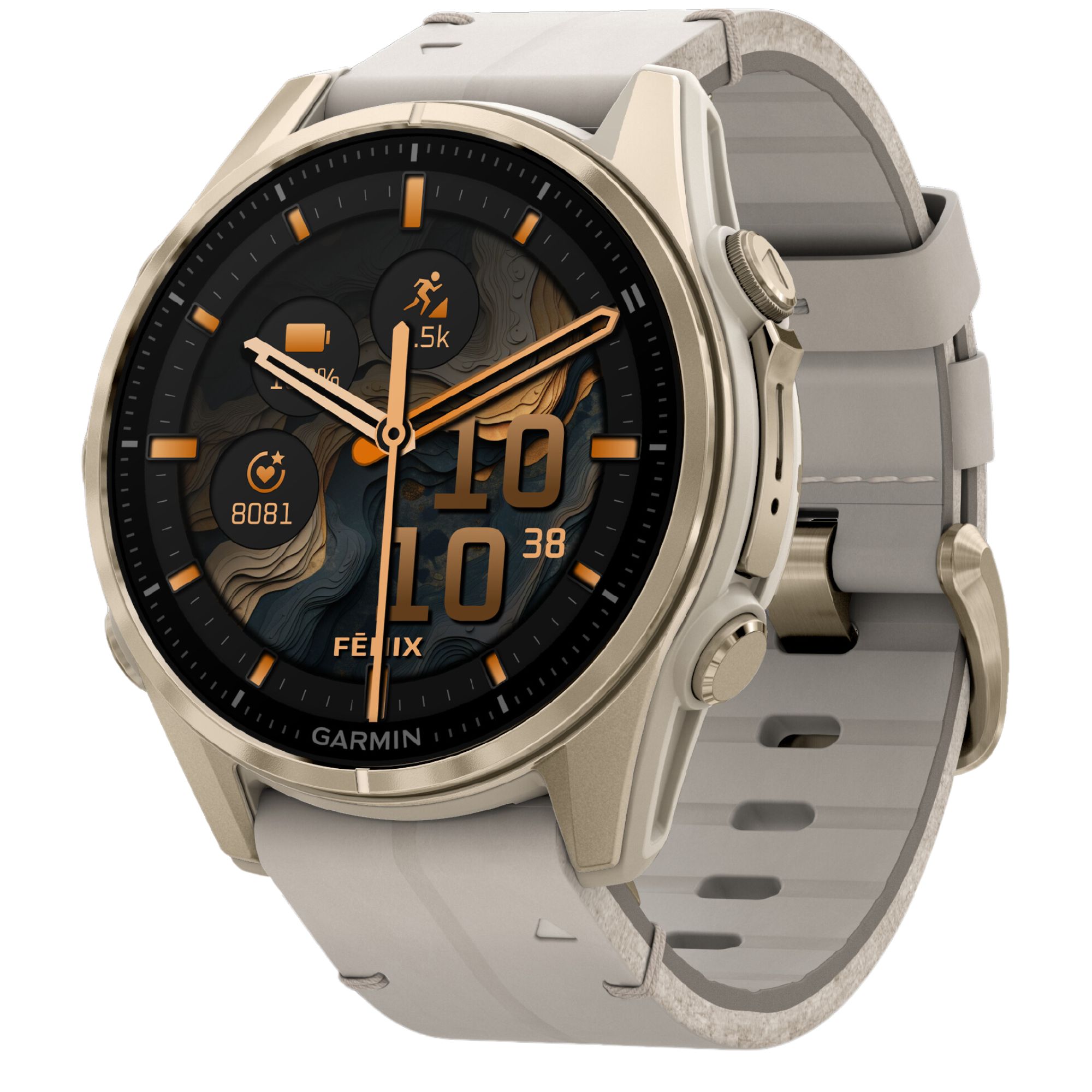 Garmin Fenix 8 AMOLED Sapphire Titanium Soft Gold watch with beige leather and ash grey silicone straps 43 mm Lepage