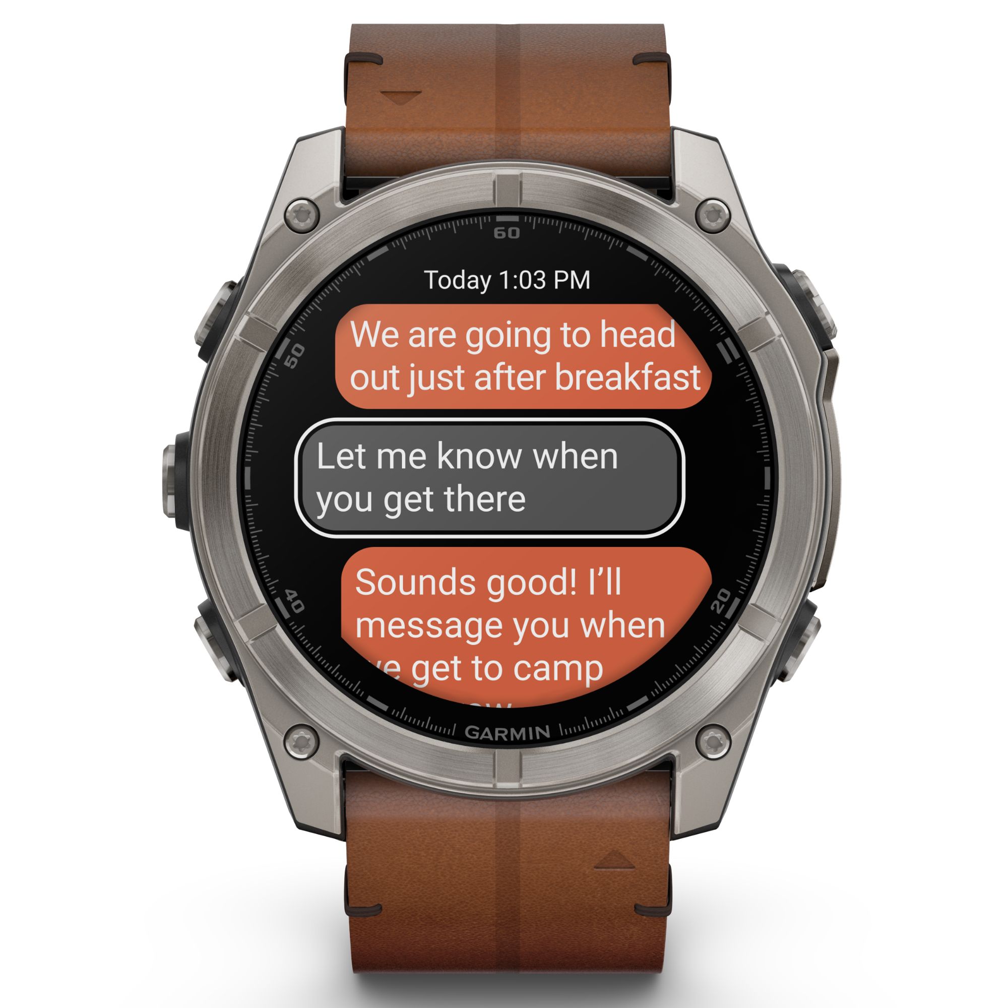 Garmin Fenix 8 AMOLED Sapphire Titanium Titanium watch brown leather and black silicone straps 51 mm