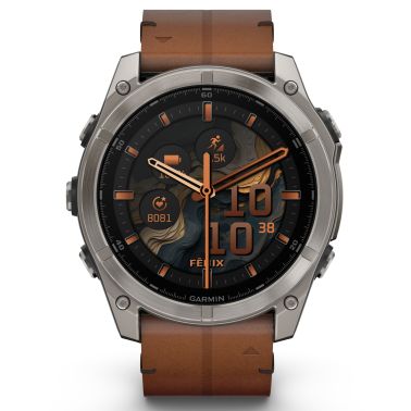 Garmin Fenix 8 AMOLED Sapphire Titanium Titanium watch brown leather and black silicone straps 51 mm