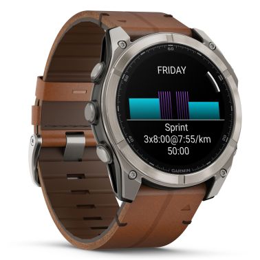Garmin Fenix 8 AMOLED Sapphire Titanium Titanium watch brown leather and black silicone straps 51 mm