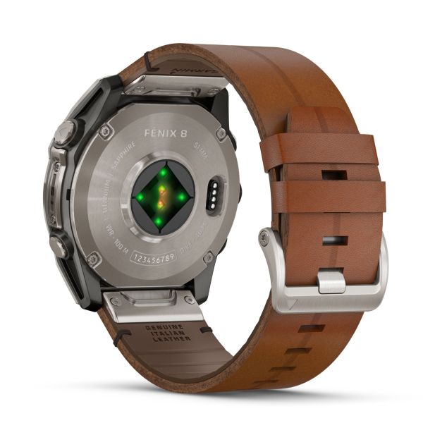 Garmin Fenix 8 AMOLED Sapphire Titanium Titanium watch brown leather and black silicone straps 51 mm