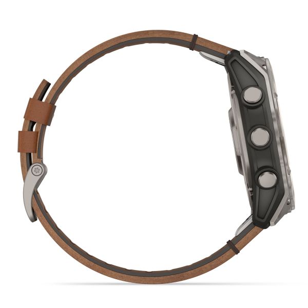 Garmin Fenix 8 AMOLED Sapphire Titanium Titanium watch brown leather and black silicone straps 51 mm
