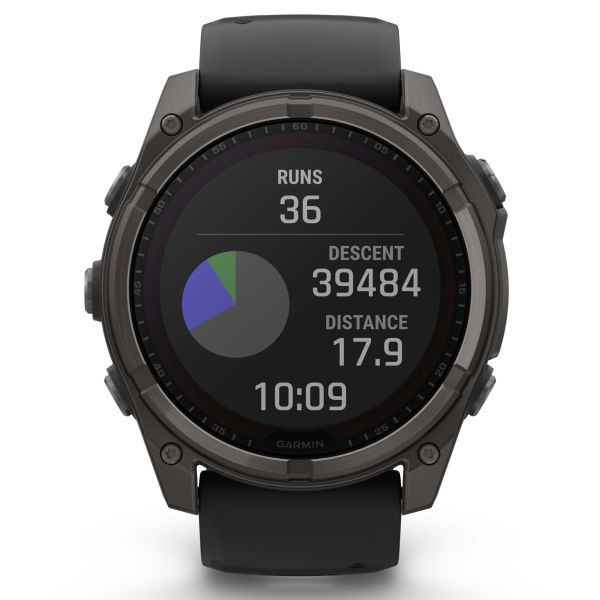 Montre Garmin Fénix 8 Sapphire Solar Edition Titane Carbon Gray DLC bracelet silicone noir 51 mm