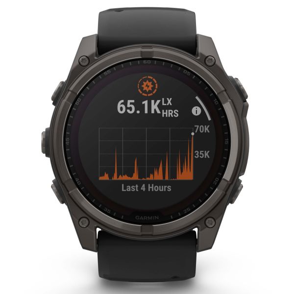 Montre Garmin Fénix 8 Sapphire Solar Edition Titane Carbon Gray DLC bracelet silicone noir 51 mm