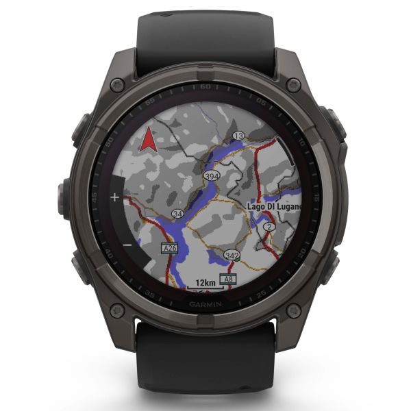 Montre Garmin Fénix 8 Sapphire Solar Edition Titane Carbon Gray DLC bracelet silicone noir 51 mm