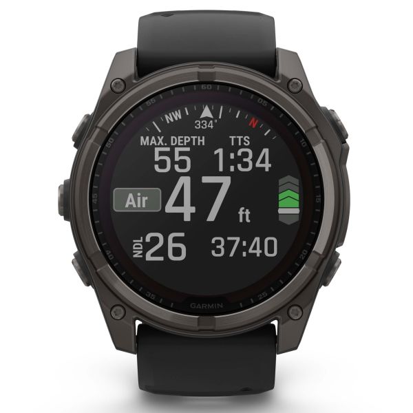 Montre Garmin Fénix 8 Sapphire Solar Edition Titane Carbon Gray DLC bracelet silicone noir 51 mm