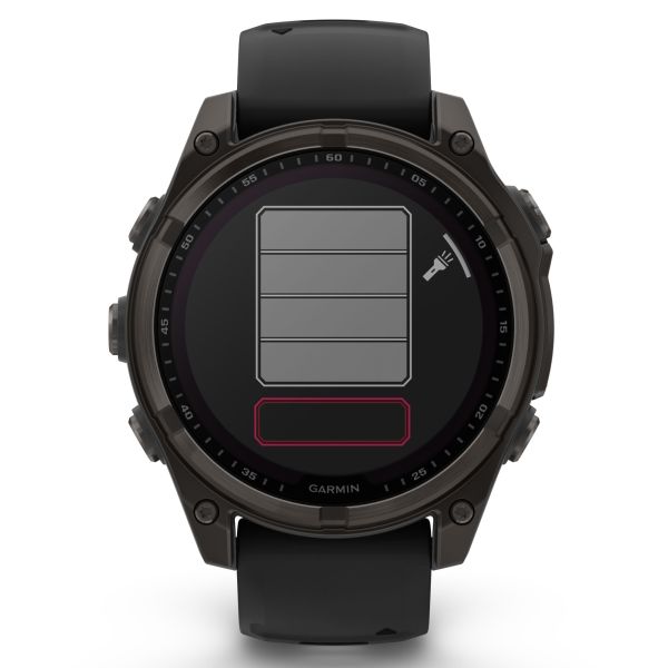 Montre Garmin Fénix 8 Sapphire Solar Edition Titane Carbon Gray DLC bracelet silicone noir 47 mm
