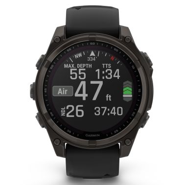 Montre Garmin Fénix 8 Sapphire Solar Edition Titane Carbon Gray DLC bracelet silicone noir 47 mm