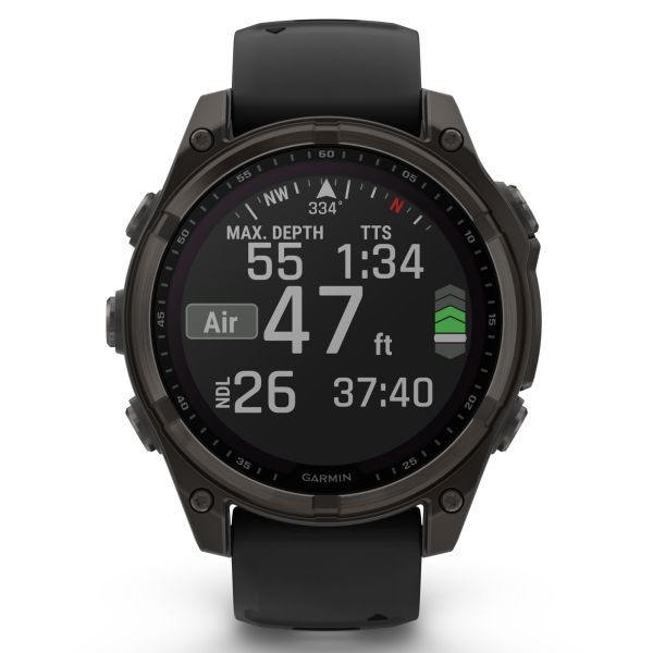Montre Garmin Fénix 8 Sapphire Solar Edition Titane Carbon Gray DLC bracelet silicone noir 47 mm
