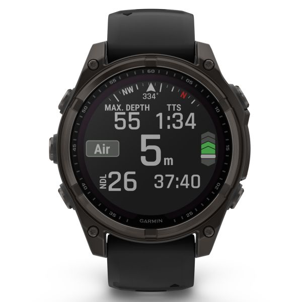 Garmin Fenix 8 Sapphire Solar Edition Titanium Carbon Gray DLC watch black silicone strap 47 mm