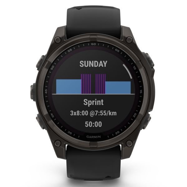Garmin Fenix 8 Sapphire Solar Edition Titanium Carbon Gray DLC watch black silicone strap 47 mm