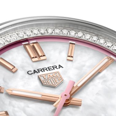 TAG Heuer Carrera Date automatic diamond watch white mother-of-pearl dial pink leather strap 36 mm WBN2315.FC8331