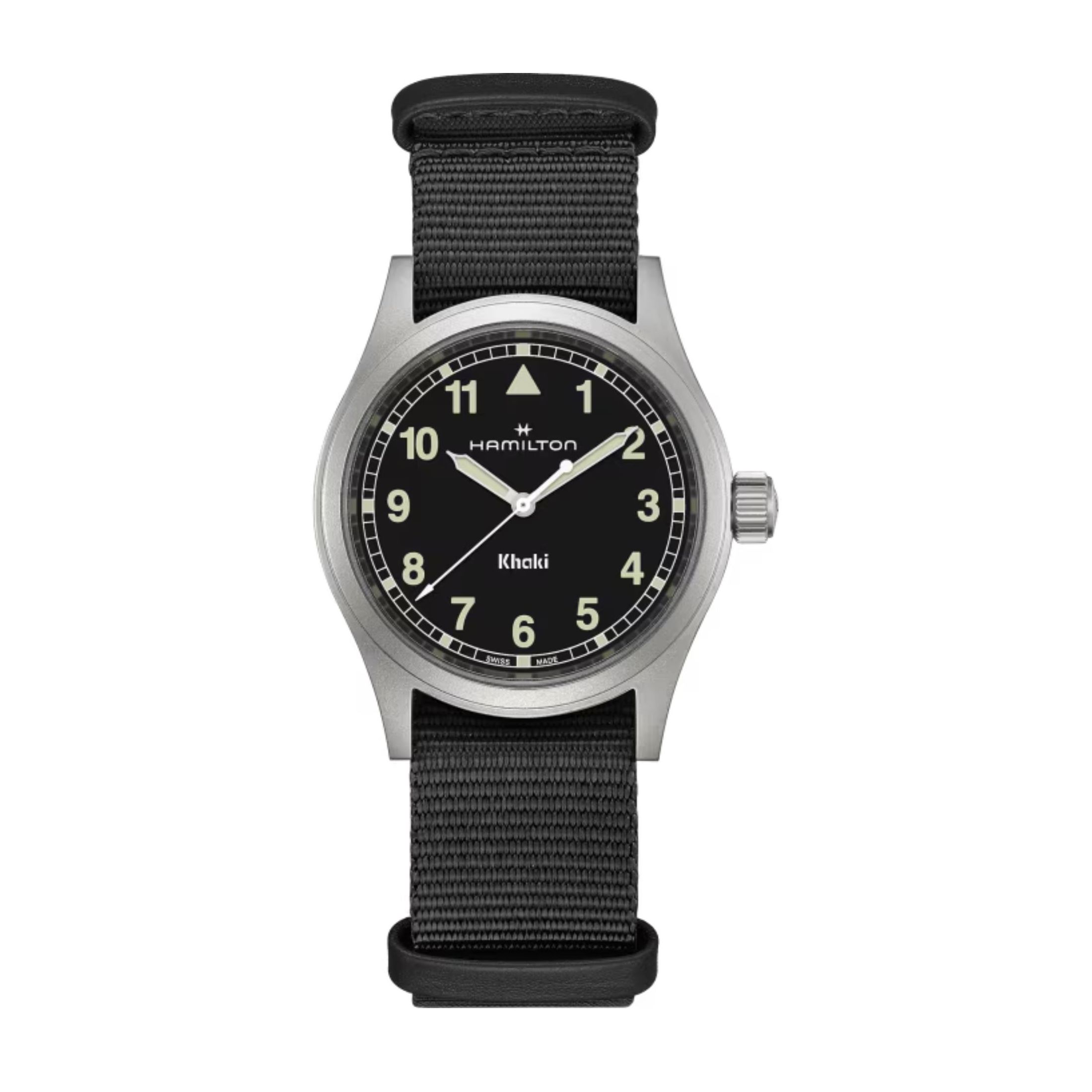 Hamilton Khaki Field quartz watch black dial black NATO strap 38