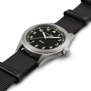 Hamilton Khaki Field quartz watch black dial black NATO strap 38 mm
