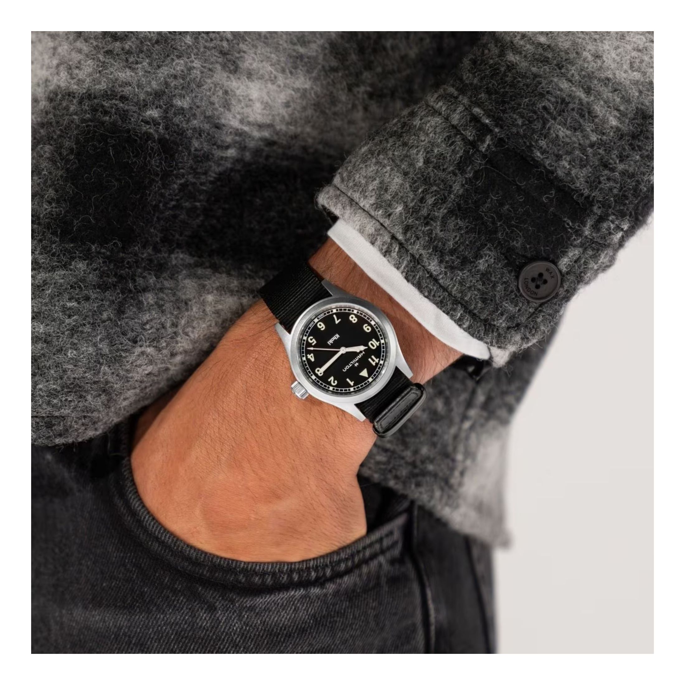 Hamilton Khaki Field quartz watch black dial black NATO strap 38