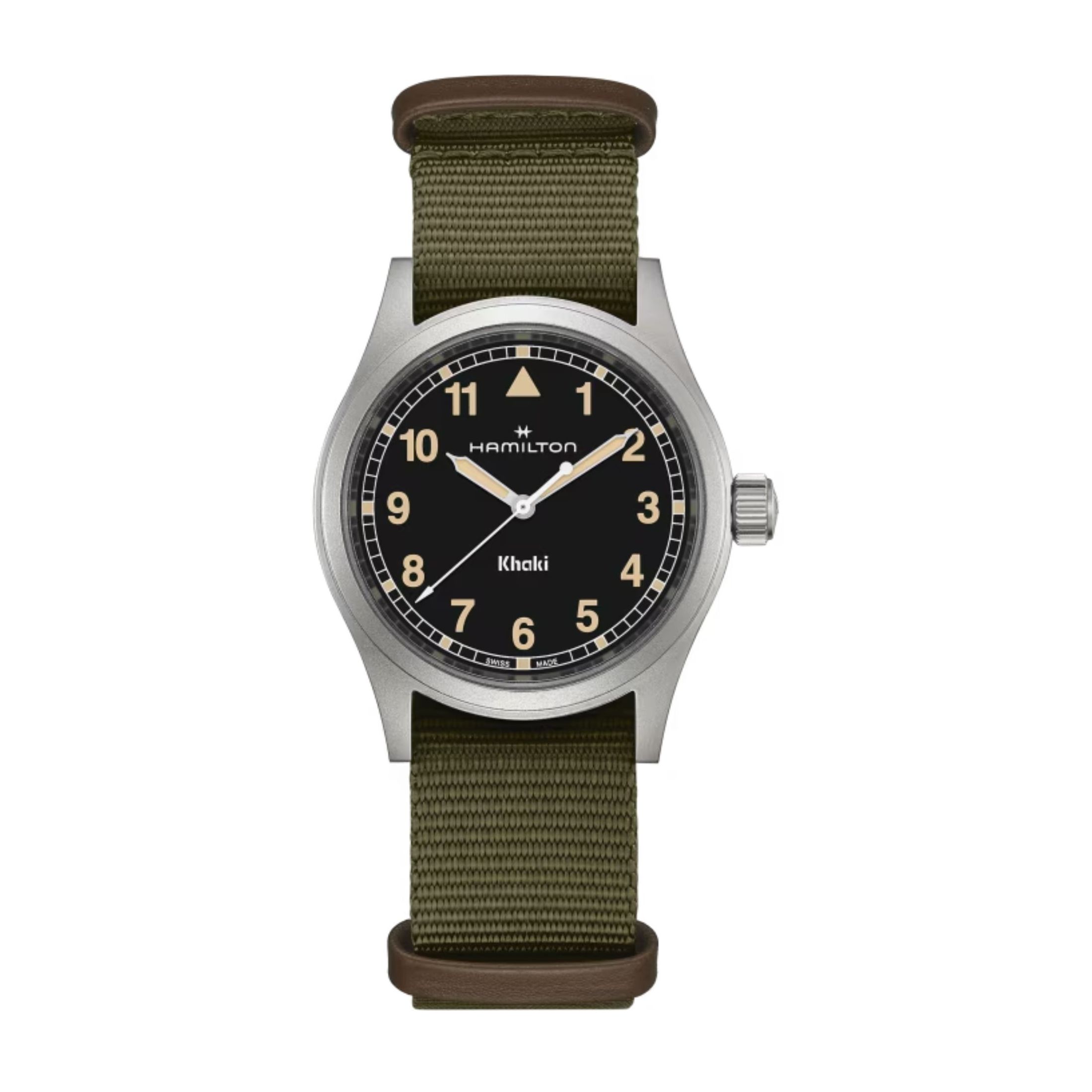 Hamilton Khaki Field quartz watch black dial kaki NATO strap 38 mm