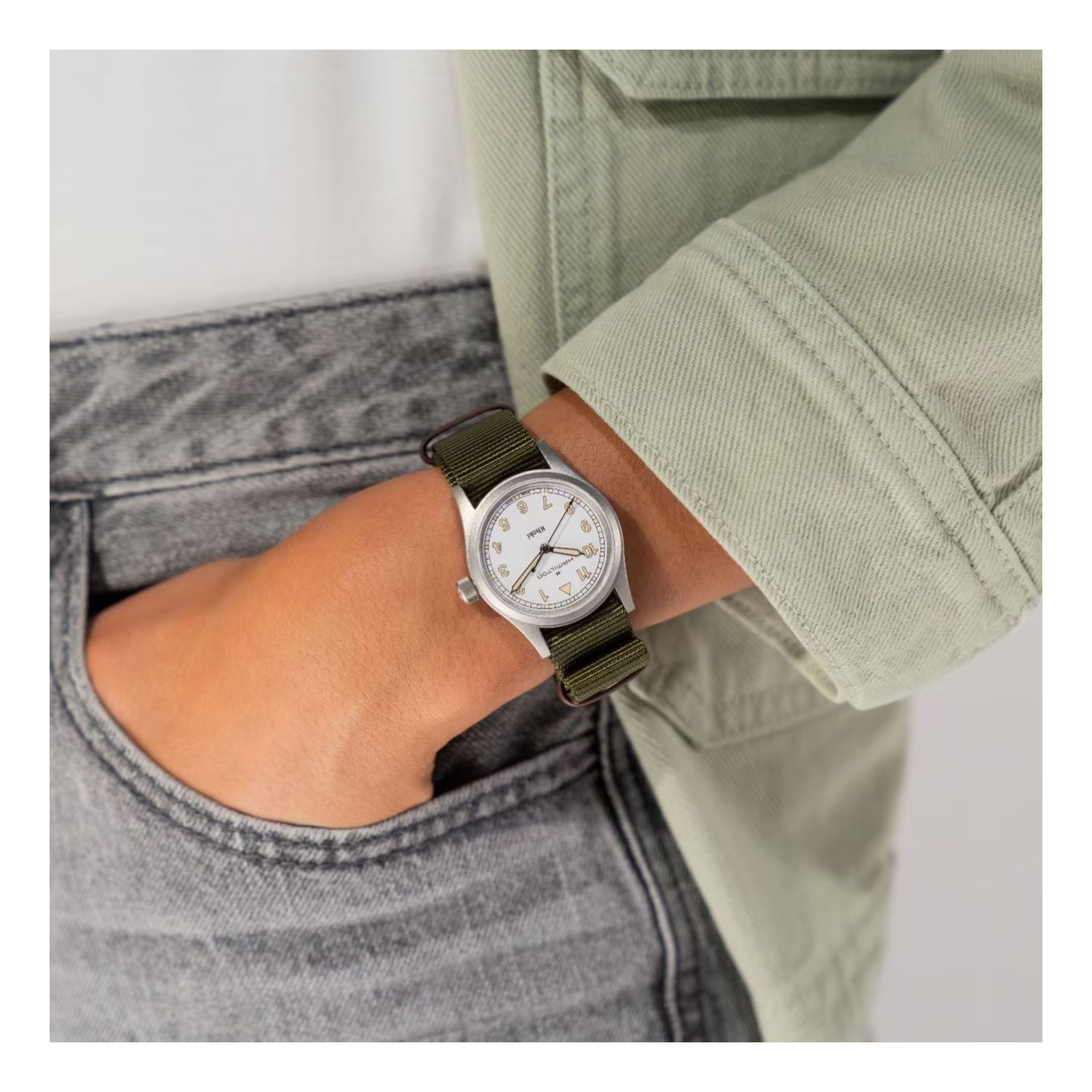 Hamilton Khaki Field quartz watch white dial kaki NATO strap 33 mm