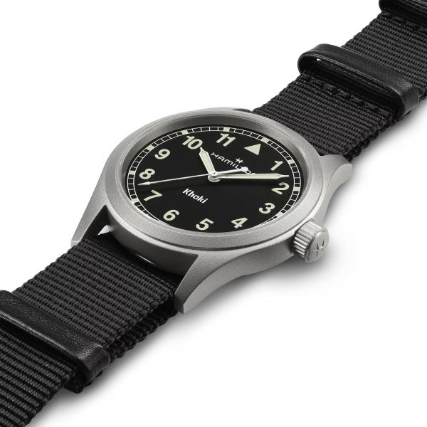 Hamilton Khaki Field quartz watch black dial black NATO strap 38 mm