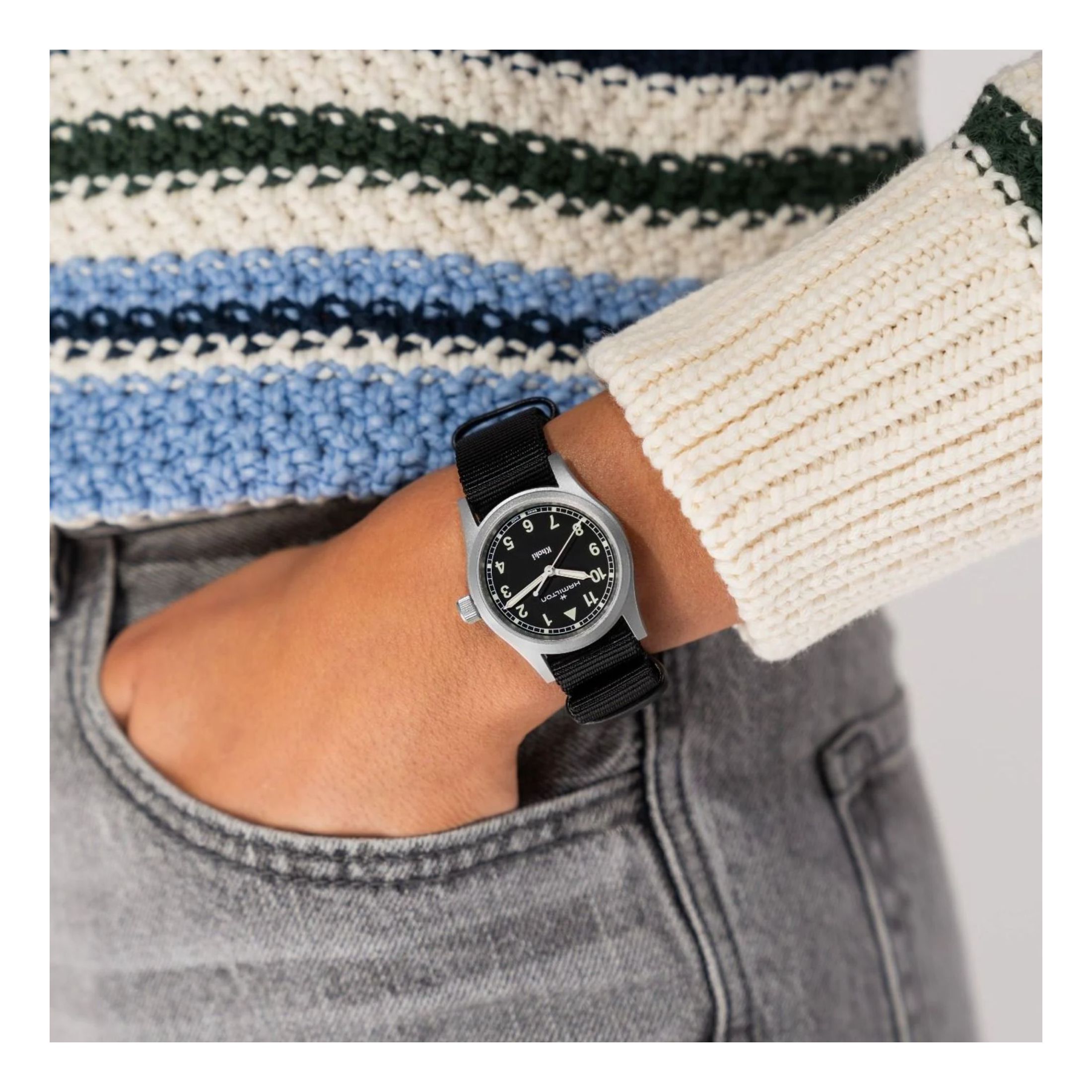 Hamilton Khaki Field quartz watch black dial black NATO strap 38