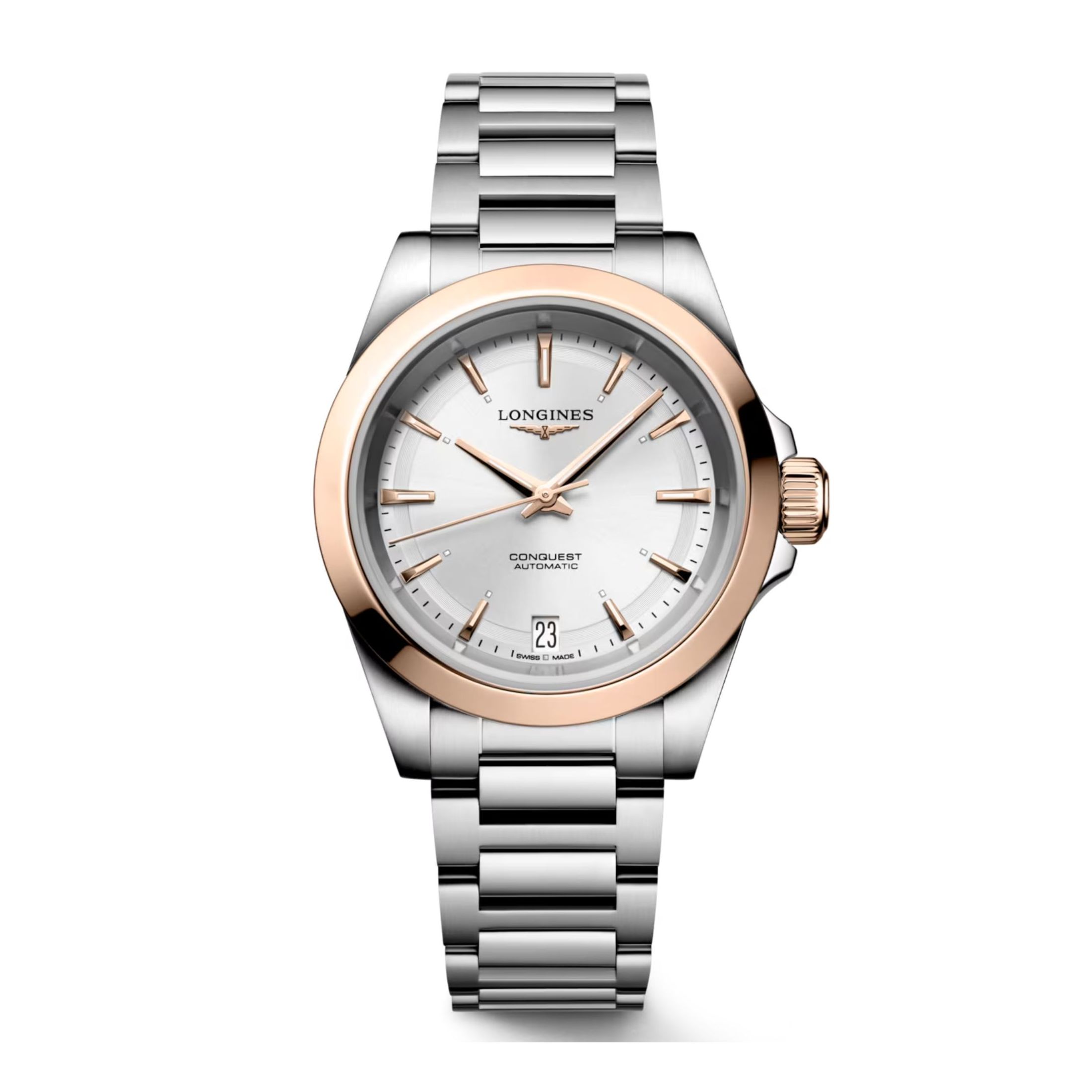 Longines Conquest automatic pink gold watch silver dial steel and