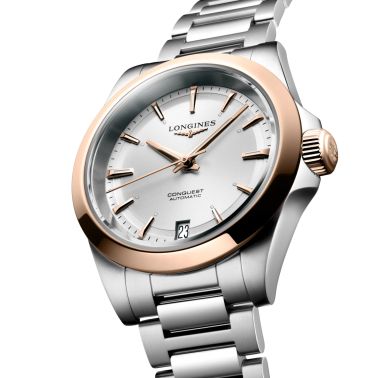 Longines Conquest automatic rose gold watch green dial steel and rose gold bracelet 34 mm