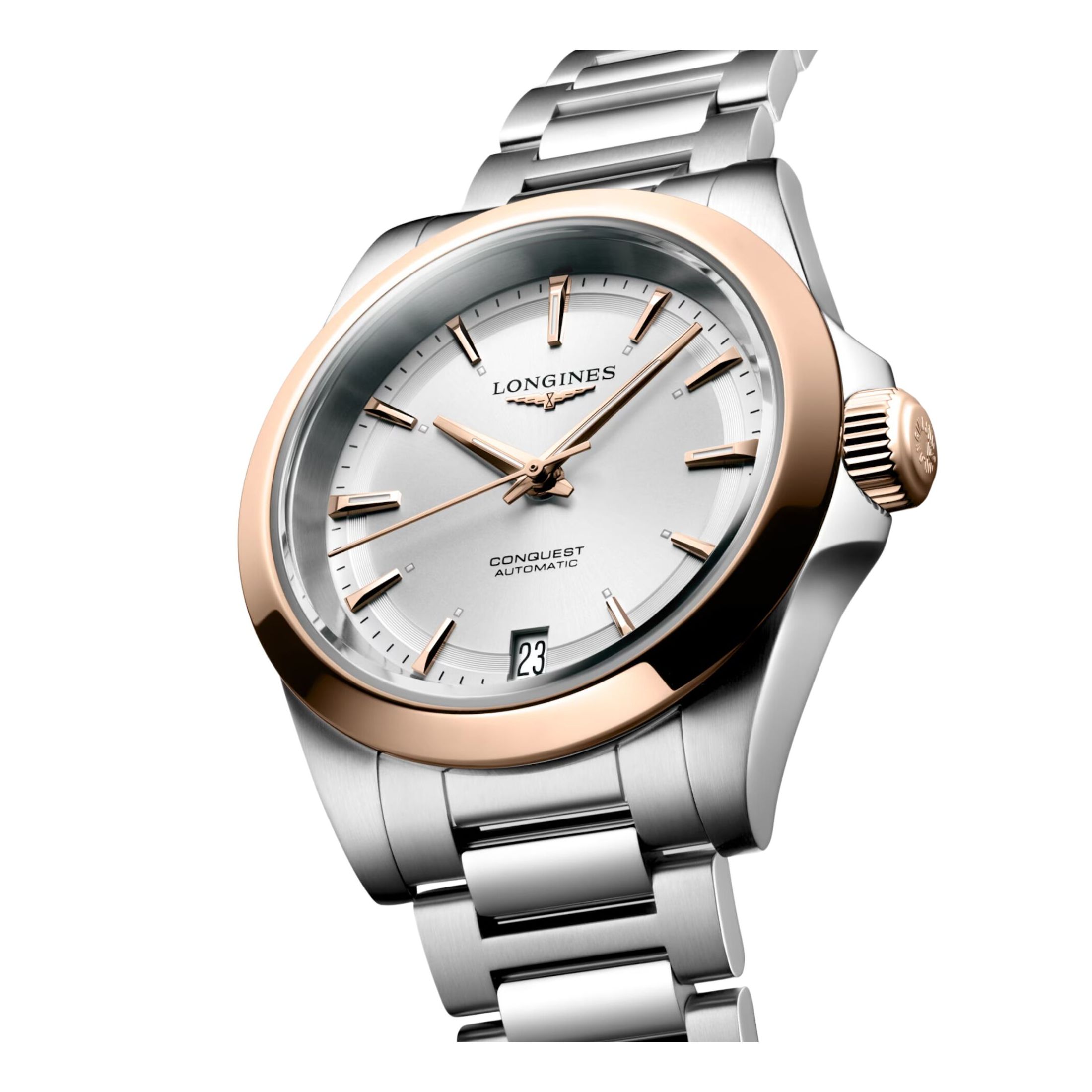 Longines Conquest automatic pink gold watch silver dial steel and