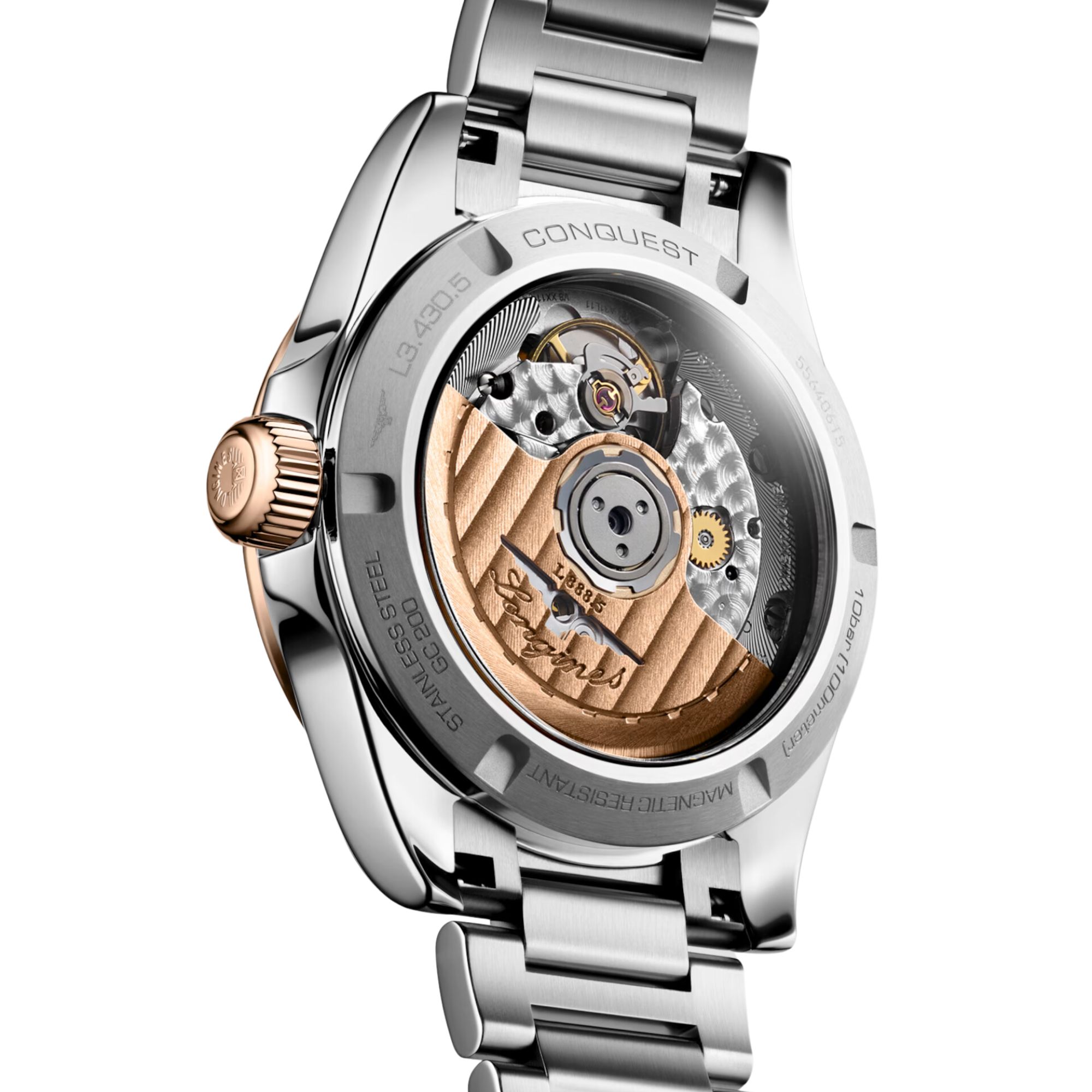 Longines Conquest automatic rose gold watch green dial steel and rose gold bracelet 34 mm