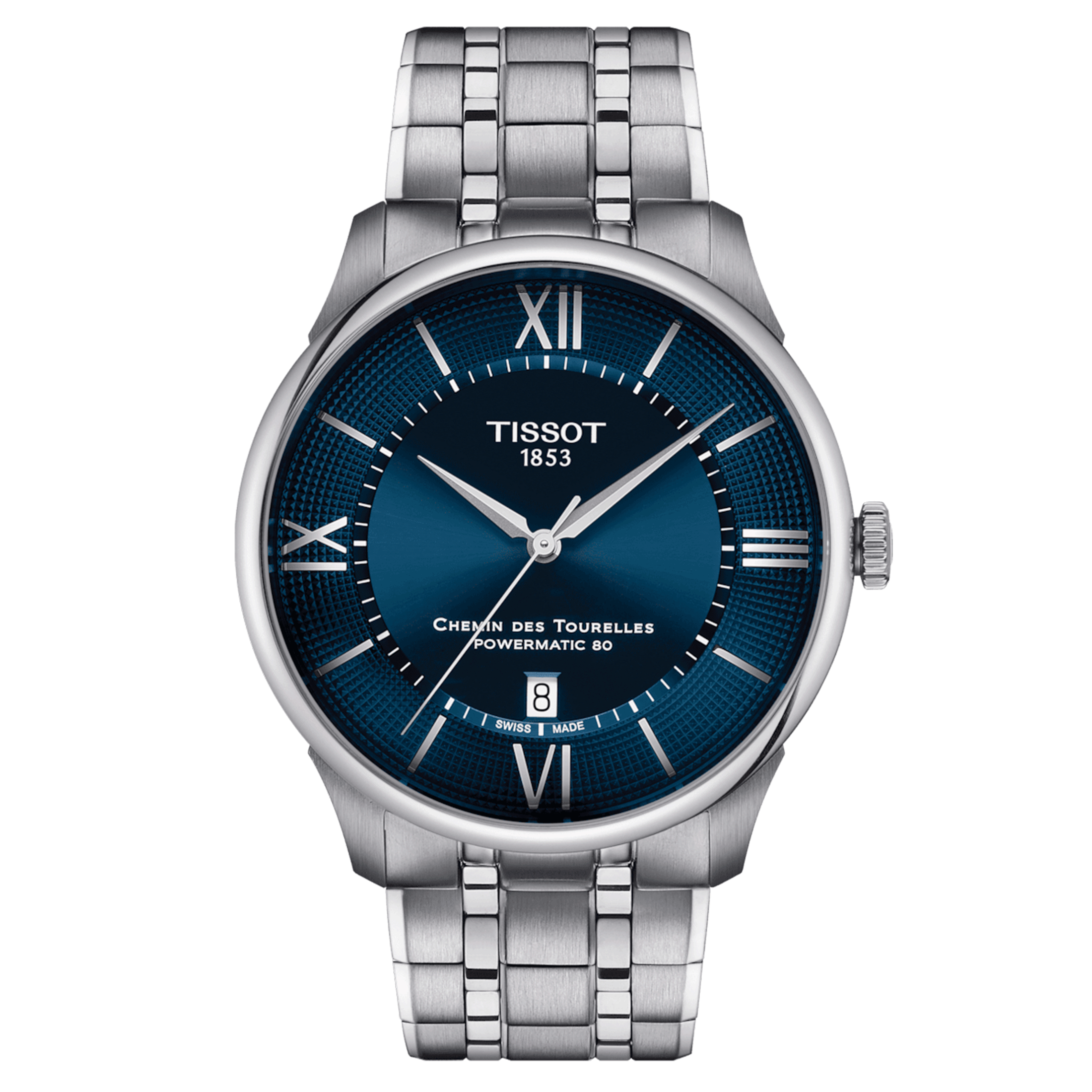 Montre Tissot T-Classic Chemin des Tourelles Powermatic 80 cadran bleu bracelet acier 42 mm T139.407.11.048.00