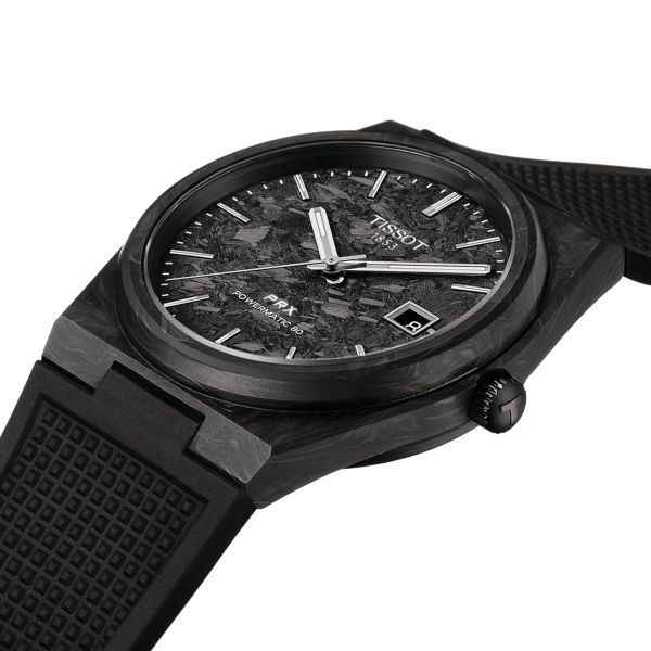 Montre Tissot PRX Powermatic 80 cadran carbone noir bracelet caoutchouc noir 40 mm T137.907.97.201.00