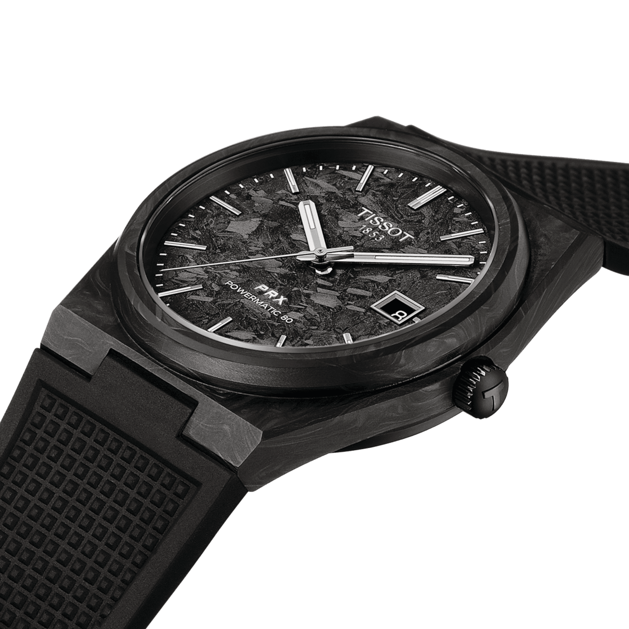 Montre Tissot PRX Powermatic 80 cadran carbone noir bracelet caoutchouc noir 40 mm T137.907.97.201.00