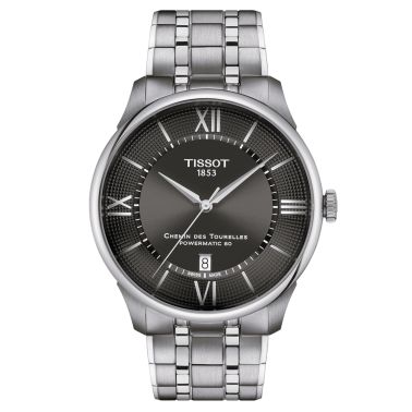 Montre Tissot T-Classic Chemin des Tourelles Powermatic 80 cadran gris bracelet acier 42 mm T139.407.11.068.00