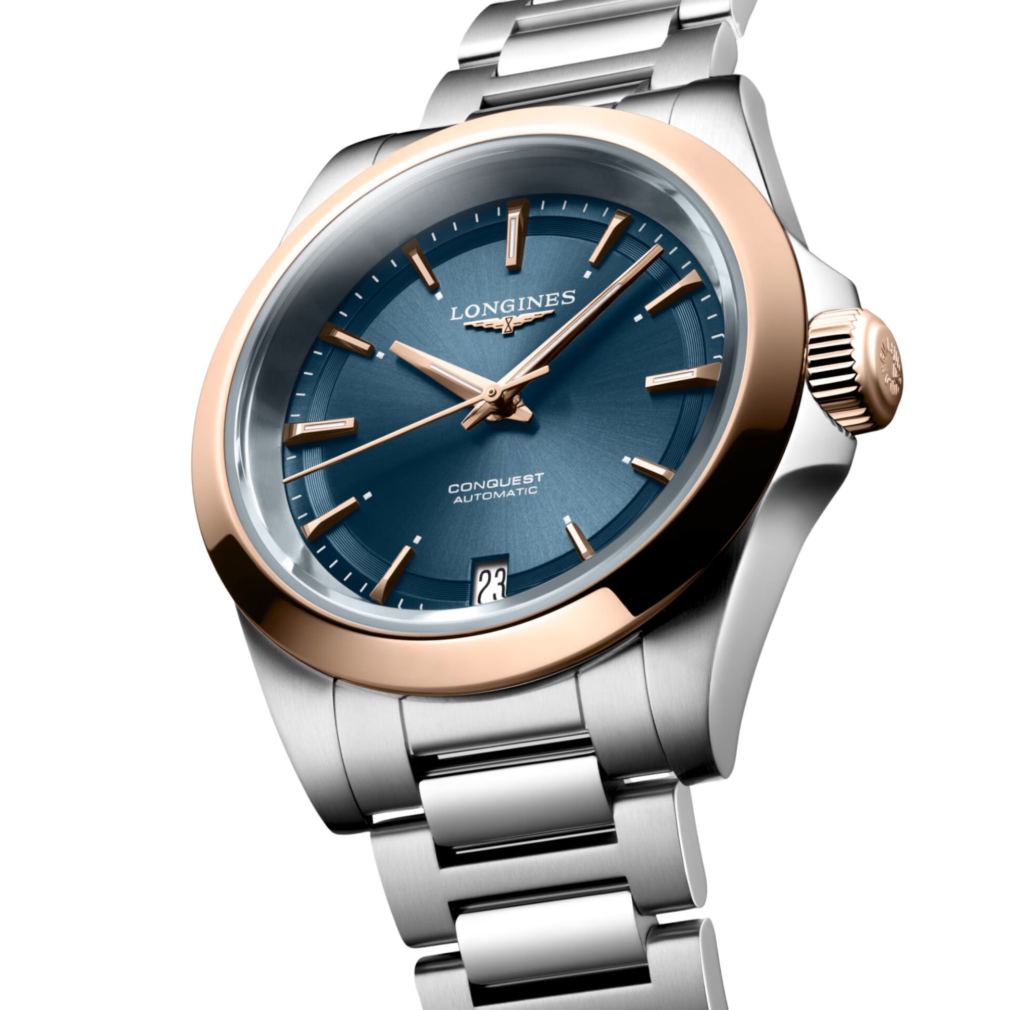 Montre Longines Conquest Or rose automatique cadran bleu bracelet acier et or rose 34 mm