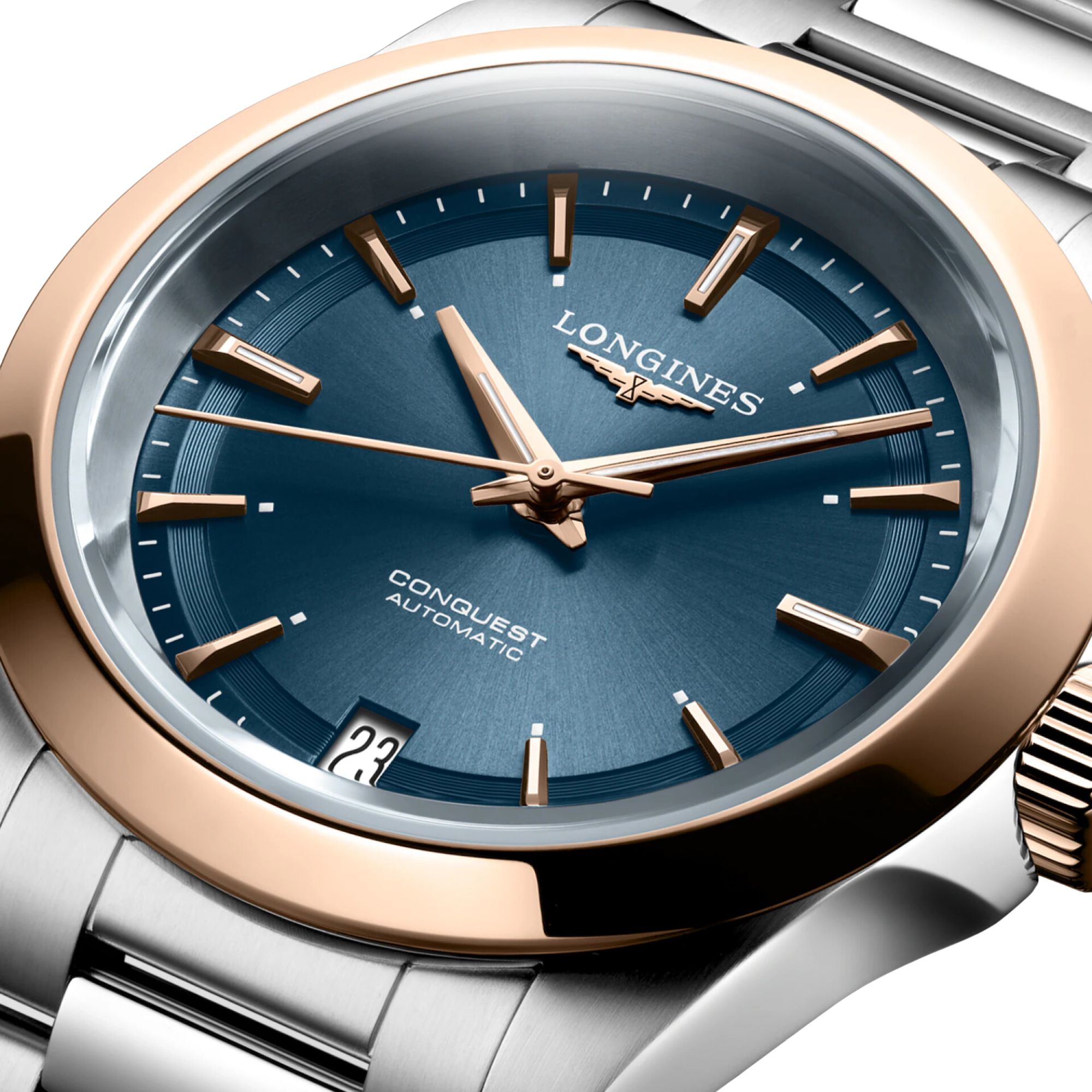 Montre Longines Conquest Or rose automatique cadran bleu bracelet acier et or rose 34 mm