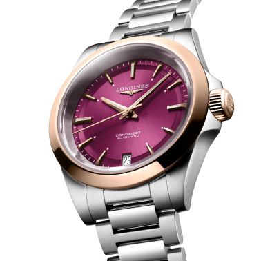 Montre Longines Conquest Or rose automatique cadran violet bracelet acier et or rose 34 mm