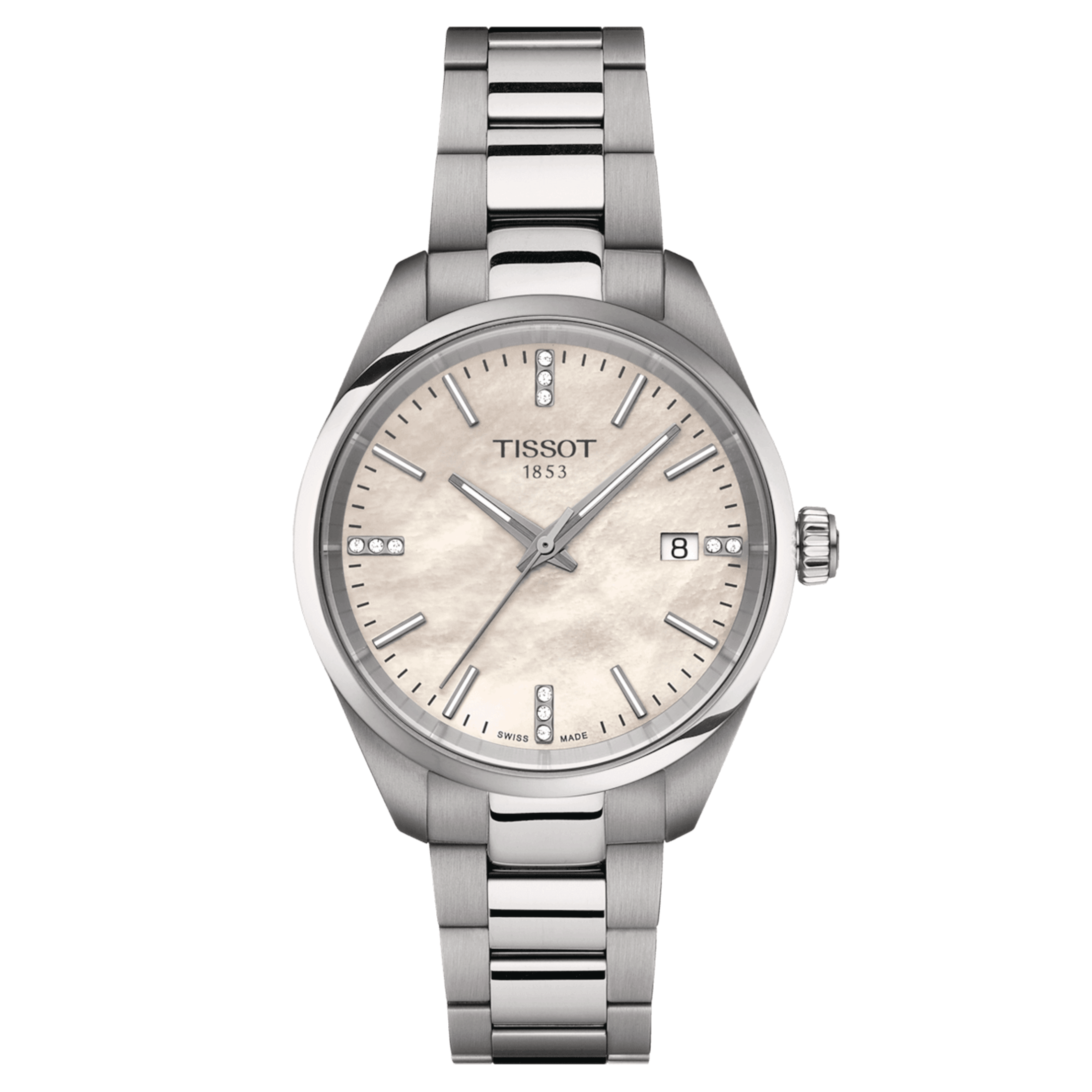 Tissot T-Classic PR 100 quartz watch white mother-of-pearl dial steel bracelet 34 mm