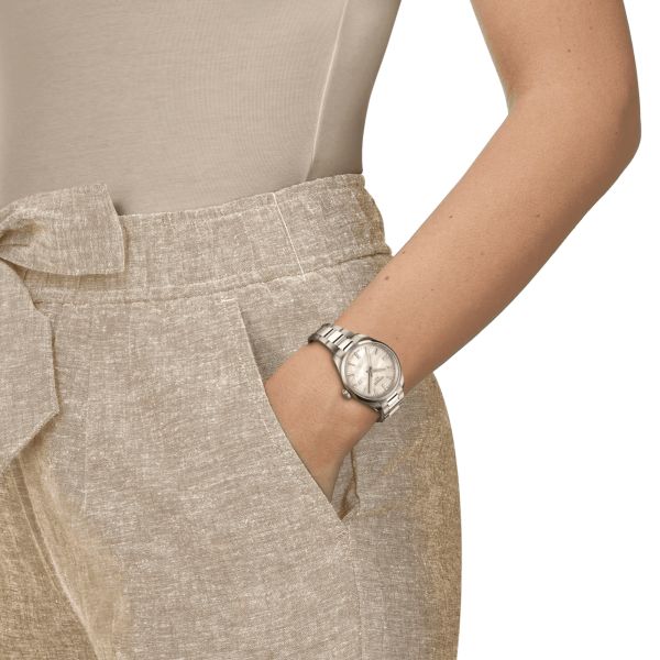 Tissot T-Classic PR 100 quartz watch white mother-of-pearl dial steel bracelet 34 mm